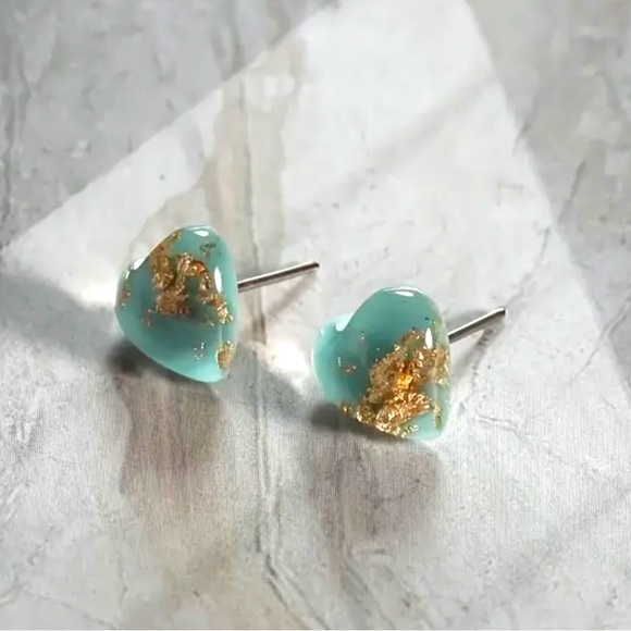 Blue Heart Gold Flake Fleck Glitter Sparkle Resin Dainty Tiny Stud Post Earrings - Picture 6 of 16